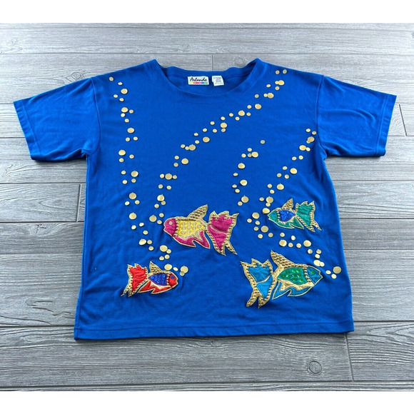 VTG Arlando Women's Blue Sequin Embroidered Fish Graphics Crew Neck Tee Large - Picture 1 of 11